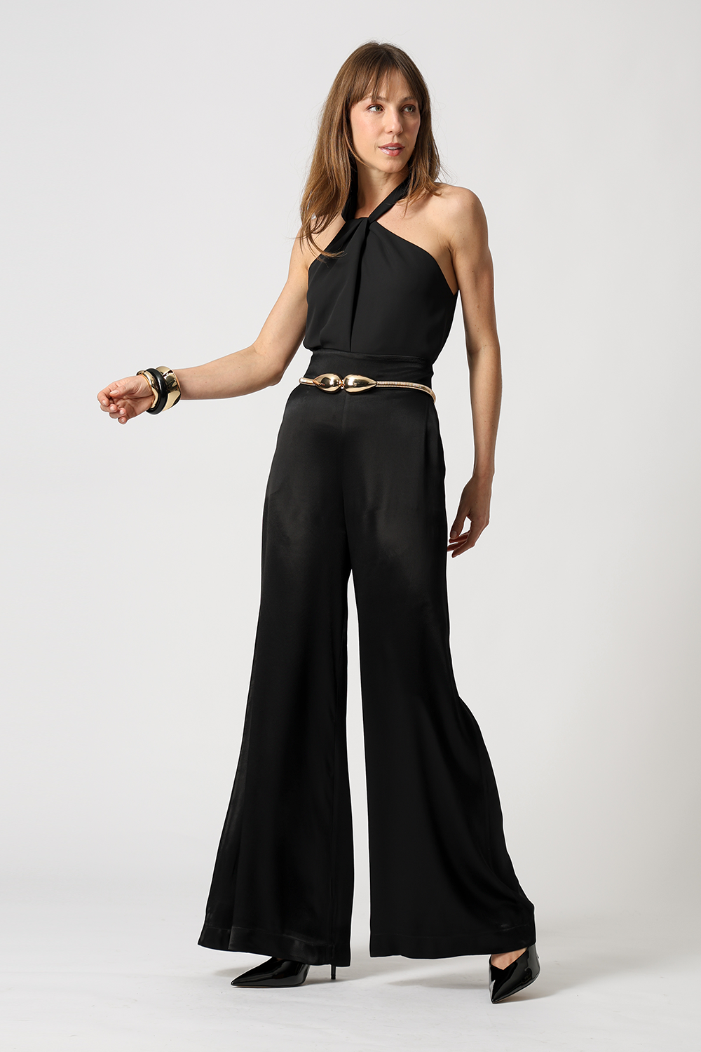 Calça Pantalona Em Cetim - PRETO