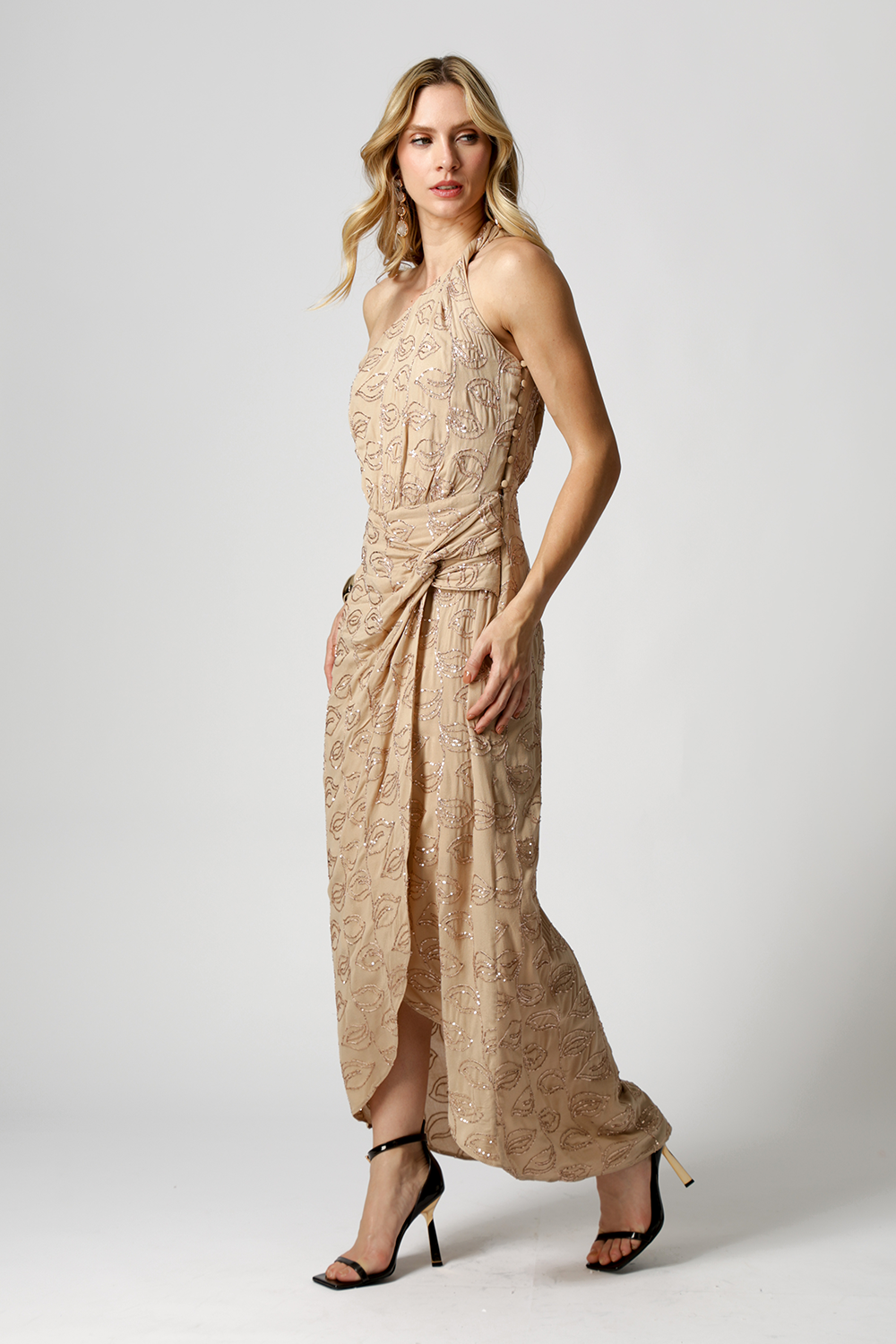 Vestido Paetê Ombro Único Torcido - AREIA 90168