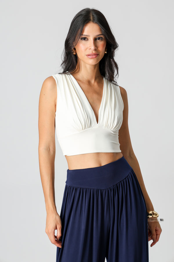 Blusa Cropped Decote V - OFF WHITE