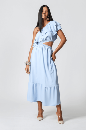 Vestido Com Babados e Abertura Lateral - AZUL CLARO