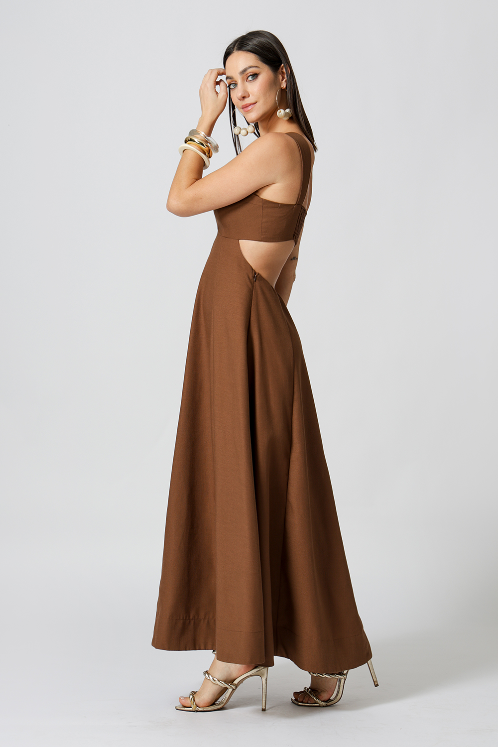 Vestido Vazado Com Alça Larga - CHOCOLATE