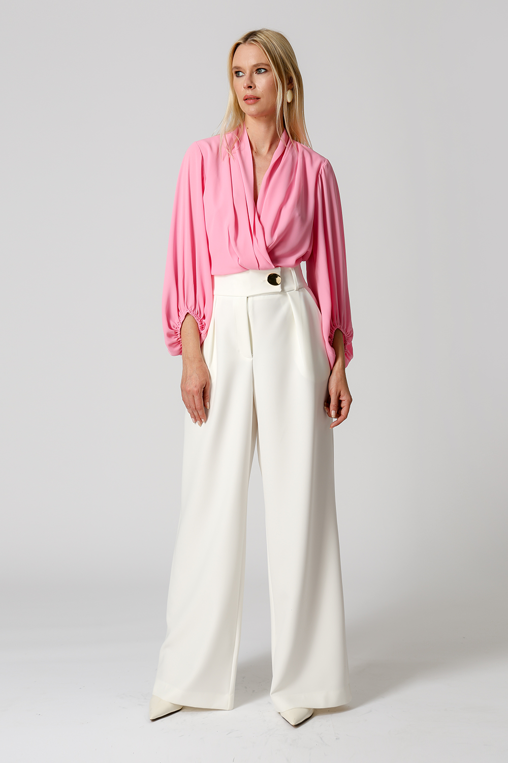 Blusa Transpassada Manga Longa Bufante - PINK CLARO