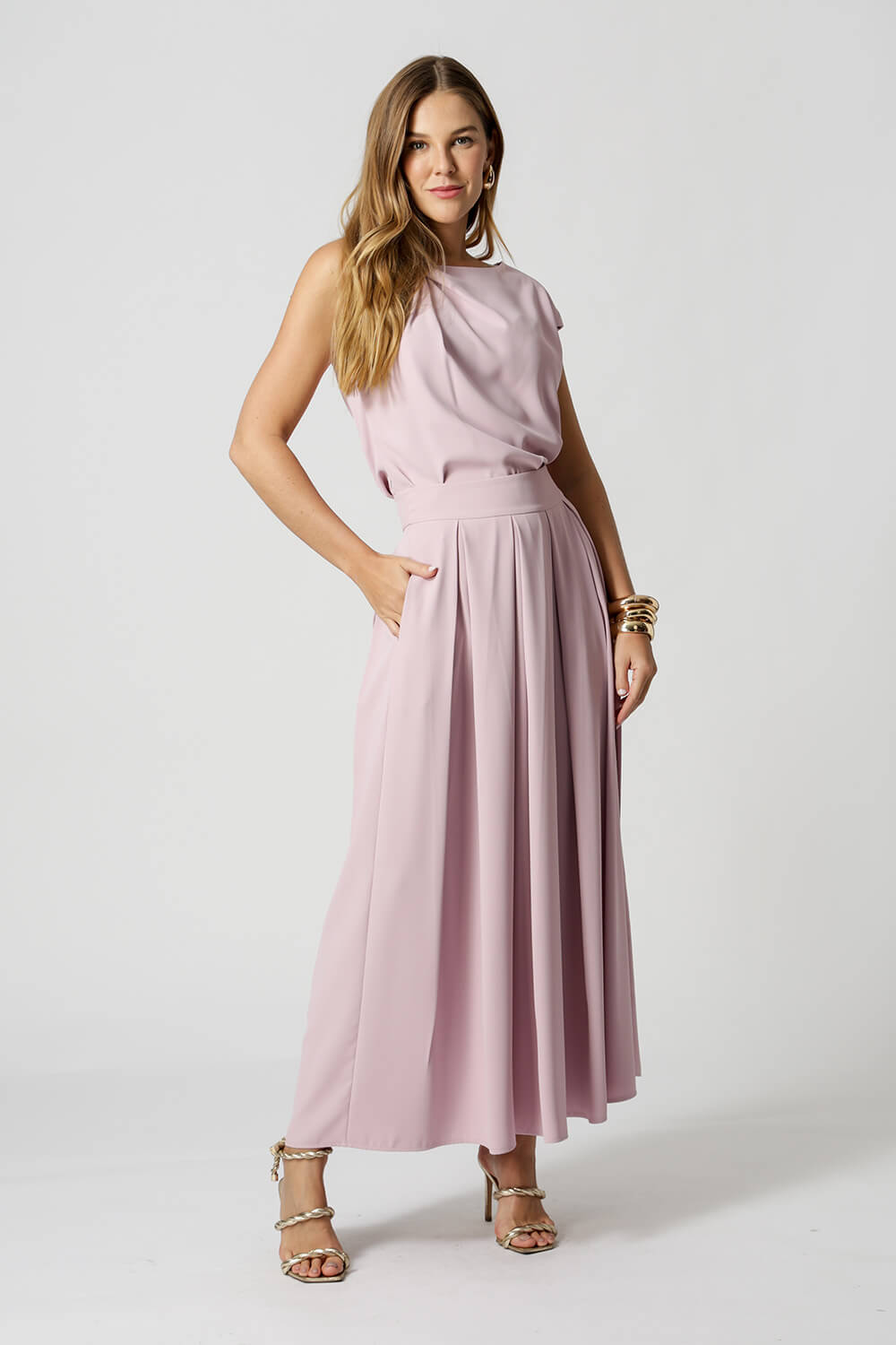 Saia Midi Com Pregas - LILAS CLARO