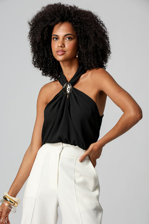 Blusa Transpassada Com Passante Dourado - PRETO