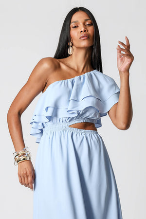 Vestido Com Babados e Abertura Lateral - AZUL CLARO