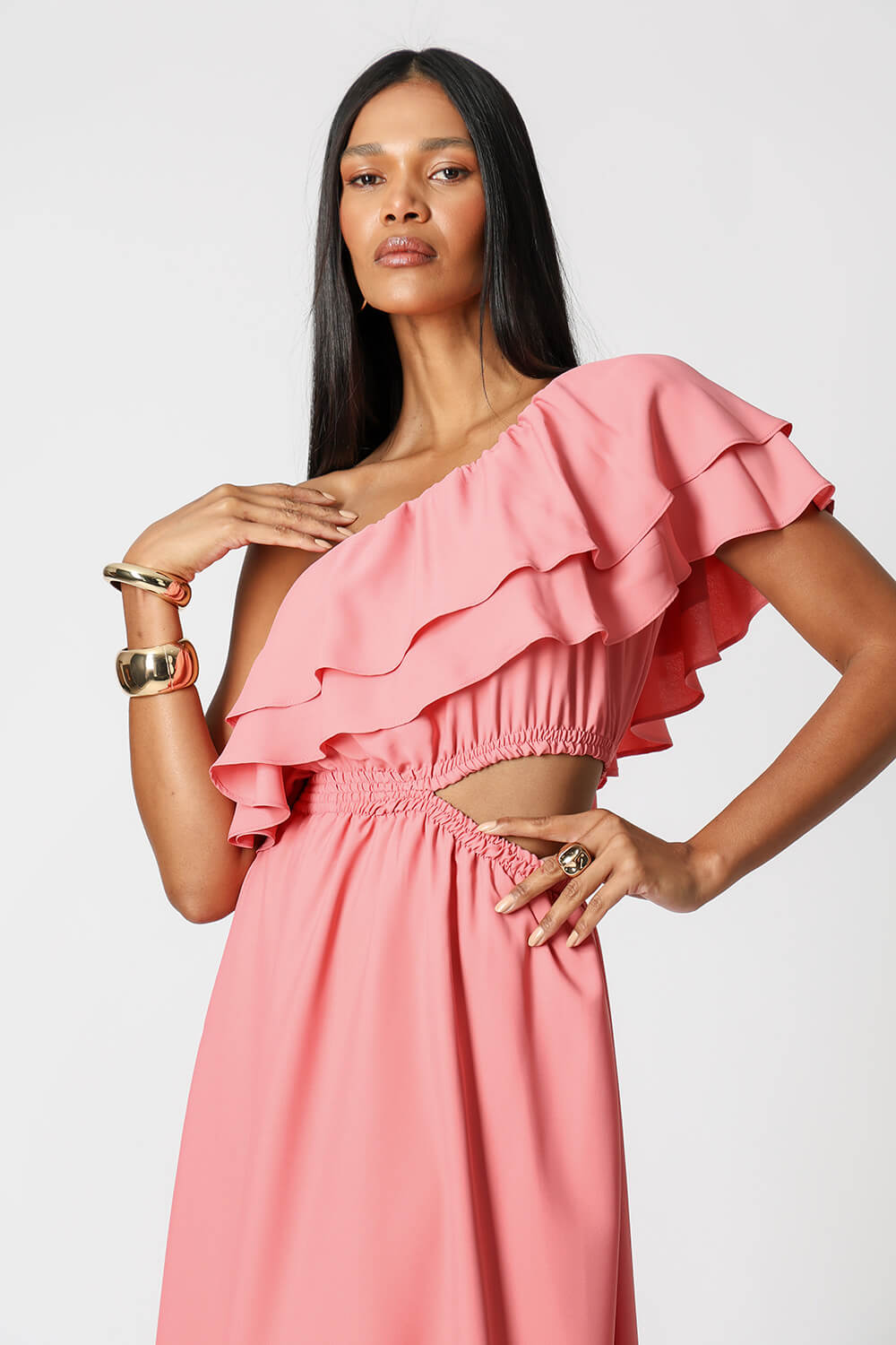 Vestido Com Babados e Abertura Lateral - ROSA