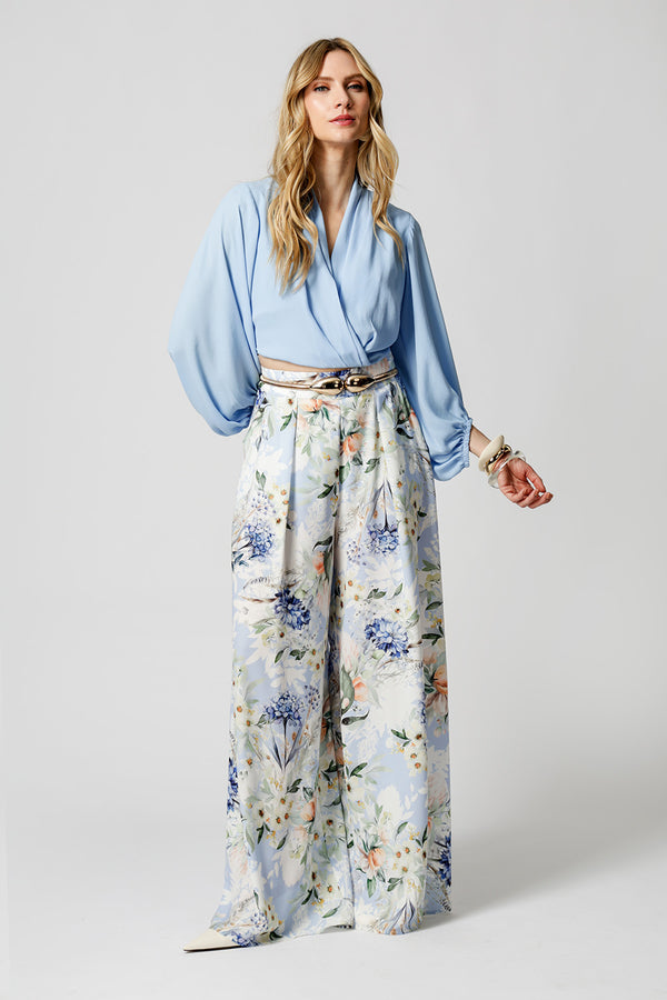 Blusa Transpassada Manga Longa Bufante - AZUL