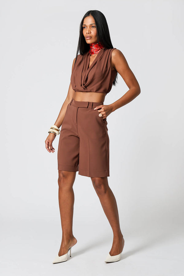 Blusa Cropped Transpassada - TABACO