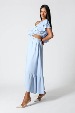 Vestido Com Babados e Abertura Lateral - AZUL CLARO