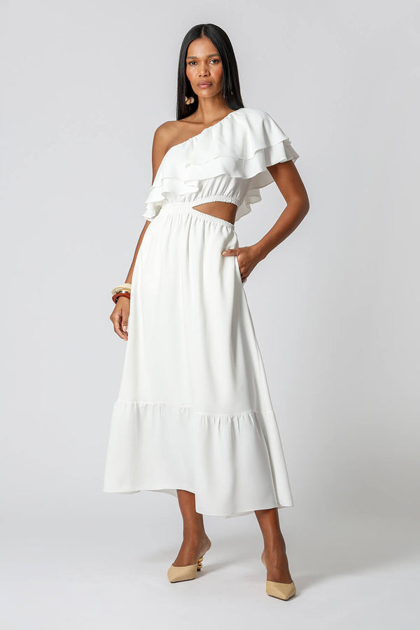 Vestido Com Babados e Abertura Lateral - OFF WHITE