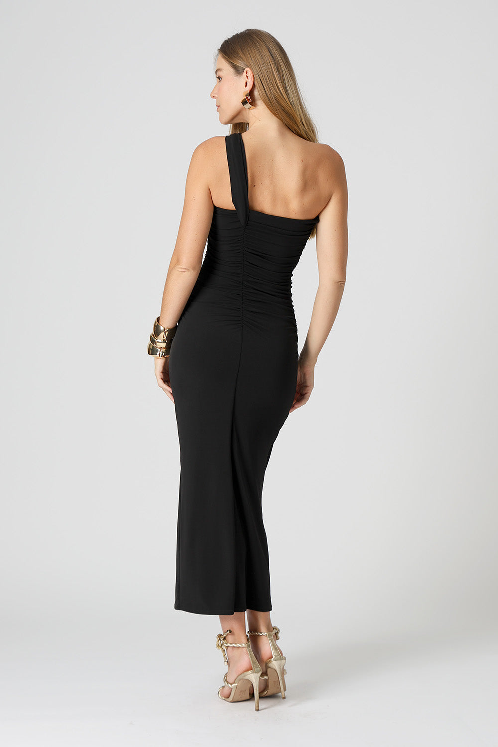Vestido Drapeado Ombro Único - PRETO