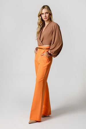 Blusa Transpassada Manga Longa Bufante - MARROM