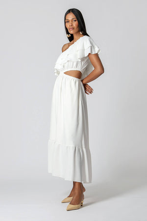 Vestido Com Babados e Abertura Lateral - OFF WHITE