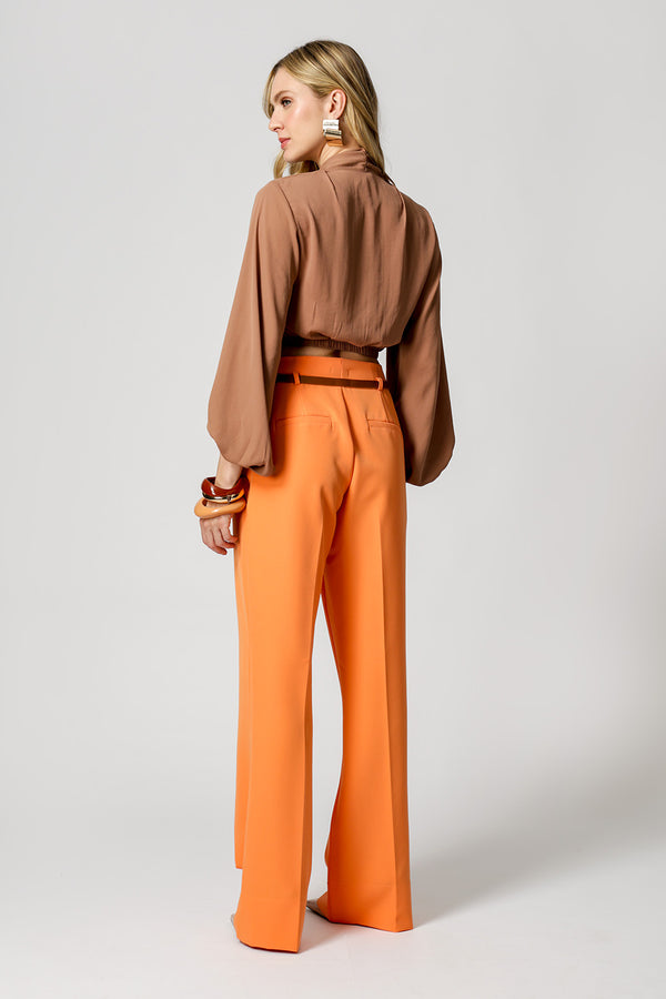 Blusa Transpassada Manga Longa Bufante - MARROM