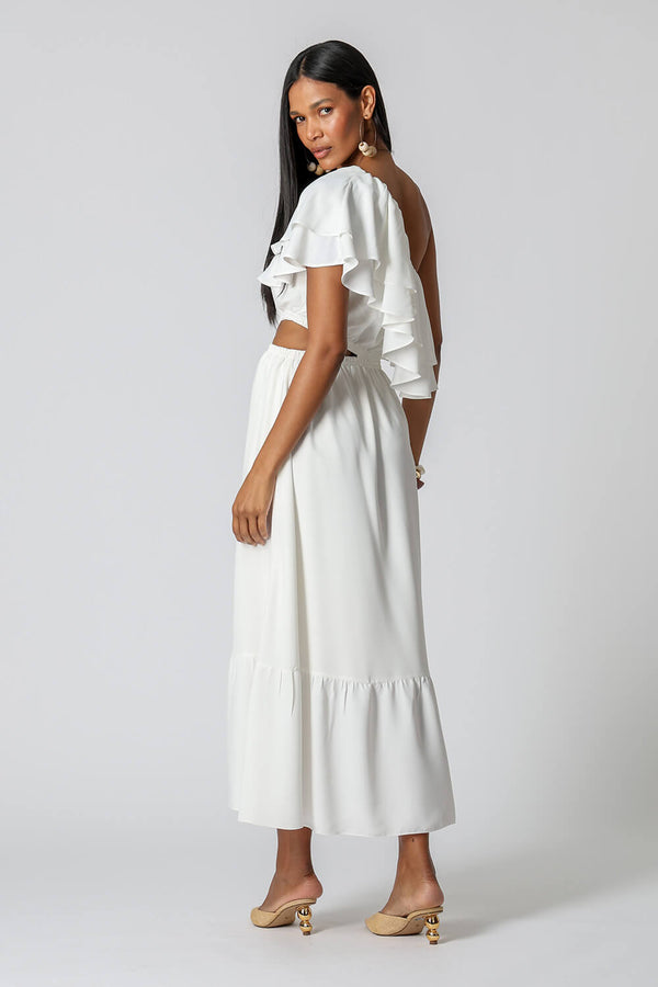Vestido Com Babados e Abertura Lateral - OFF WHITE