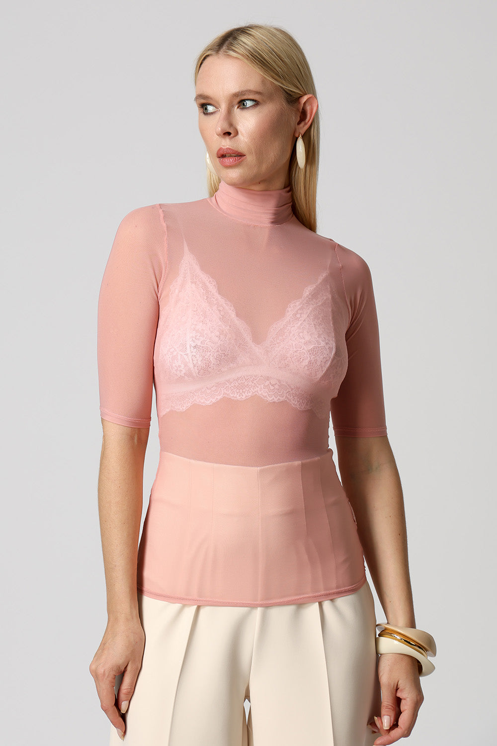 Blusa Em Tule Manga Curta - ROSE