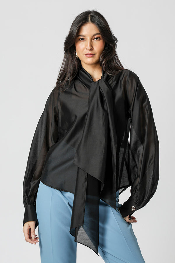 Camisa Com Laço Amplo - PRETO