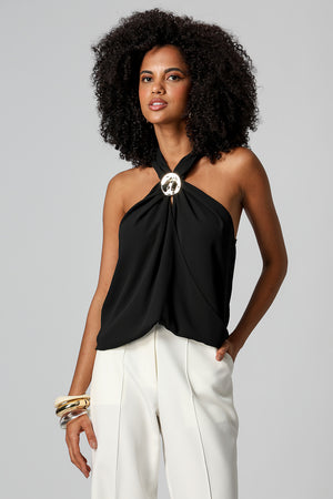 Blusa Transpassada Com Passante Dourado - PRETO