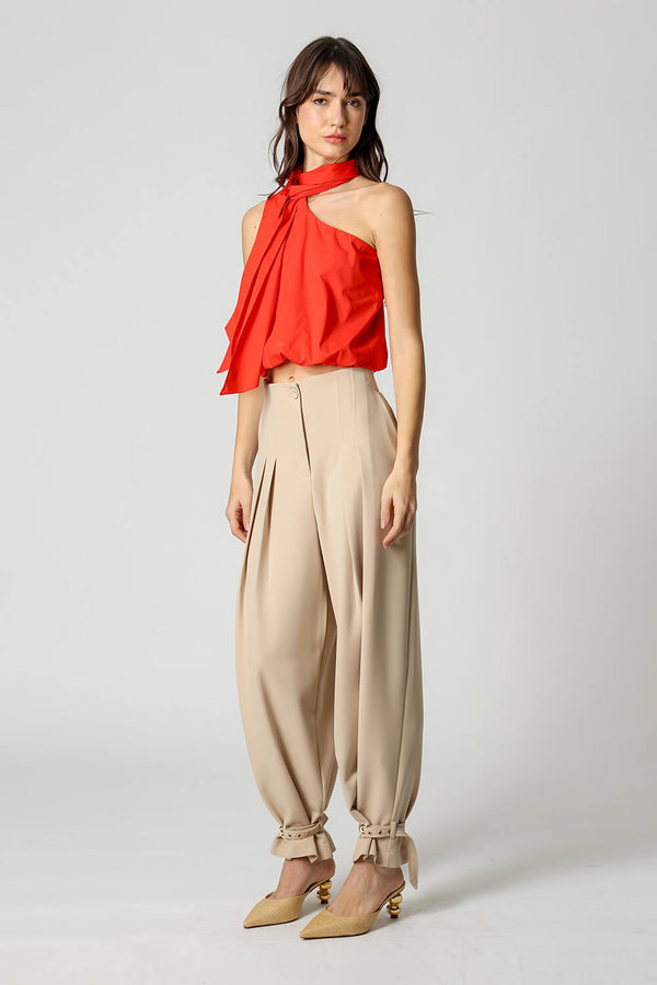 Blusa Balonê Com Gola Alta e Amarração