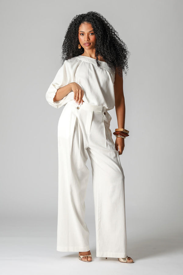 Blusa Balonê Ombro Único Em Linho TRIMIX