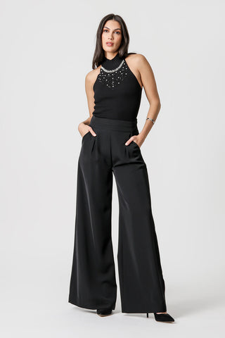 Blusa Decote Alto com Bordado - PRETO