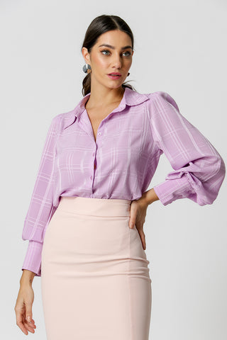 Camisa Manga Bufante Xadrez - LILAS CLARO