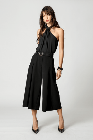 Calça Midi Boca Ampla Com Pregas - PRETO
