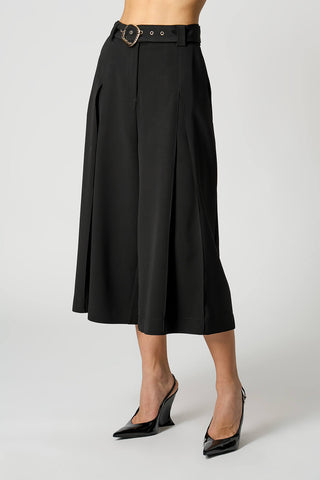 Calça Midi Boca Ampla Com Pregas - PRETO