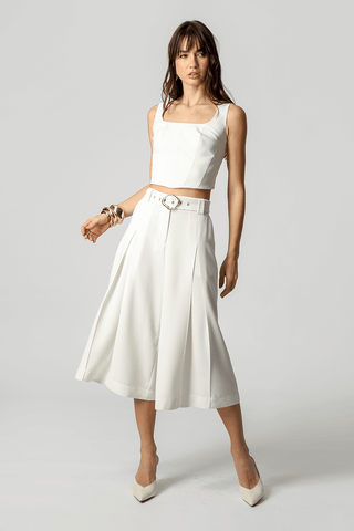 Calça Midi Boca Ampla Com Pregas - OFF WHITE