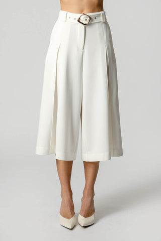Calça Midi Boca Ampla Com Pregas - OFF WHITE