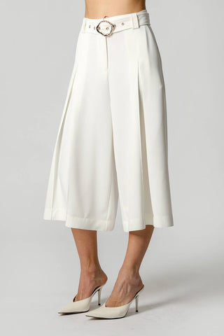 Calça Midi Boca Ampla Com Pregas - OFF WHITE