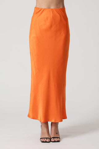 Saia De Cetim Slim Midi - LARANJA