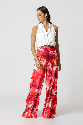 Calça Pantalona Estampada - VERMELHO 1213