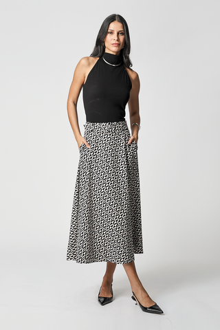 Falda estampada con cinturón - NEGRO 7196