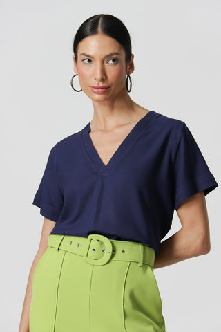 Blusa de manga corta con cuello en V - AZUL MARINO