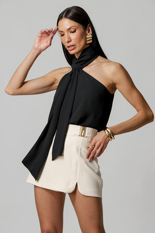 Blusa Com Decote Assimétrico e Faixa - PRETO