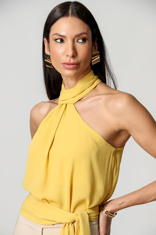 Blusa Com Decote Assimétrico e Faixa - MOSTARDA 1