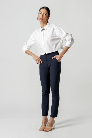 Pantalones ajustados con cintura elástica - AZUL MARINO