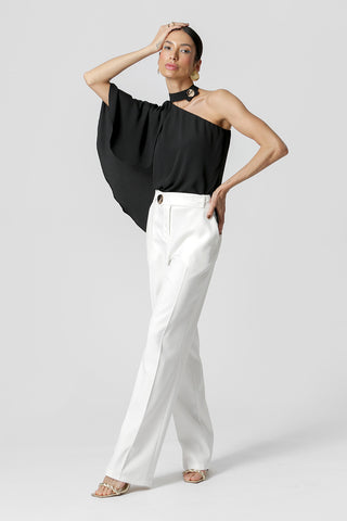 Blusa Ombro Único Capa Com Botão - PRETO