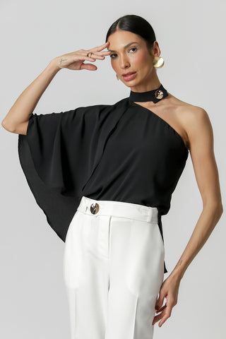 Blusa Ombro Único Capa Com Botão - PRETO