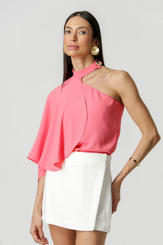 Blusa Ombro Único Capa Com Botão - ROSA CLARO
