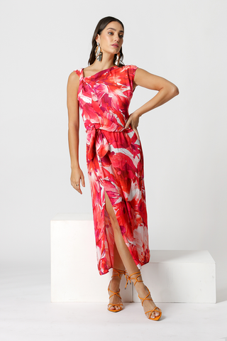 Vestido estampado con hombros torcidos - ROJO 1213