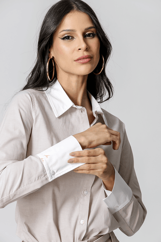 Camisa Listrada Gola E Punho Contrastante - BEGE 90149