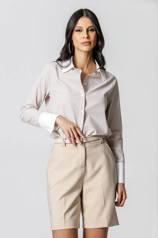 Camisa Listrada Gola E Punho Contrastante - BEGE 90149