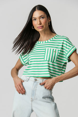 T-Shirt Listrada Bolso Frontal - VERDE 90142