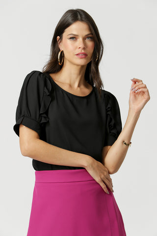 Blusa Manga Bufante Com Babado - PRETO
