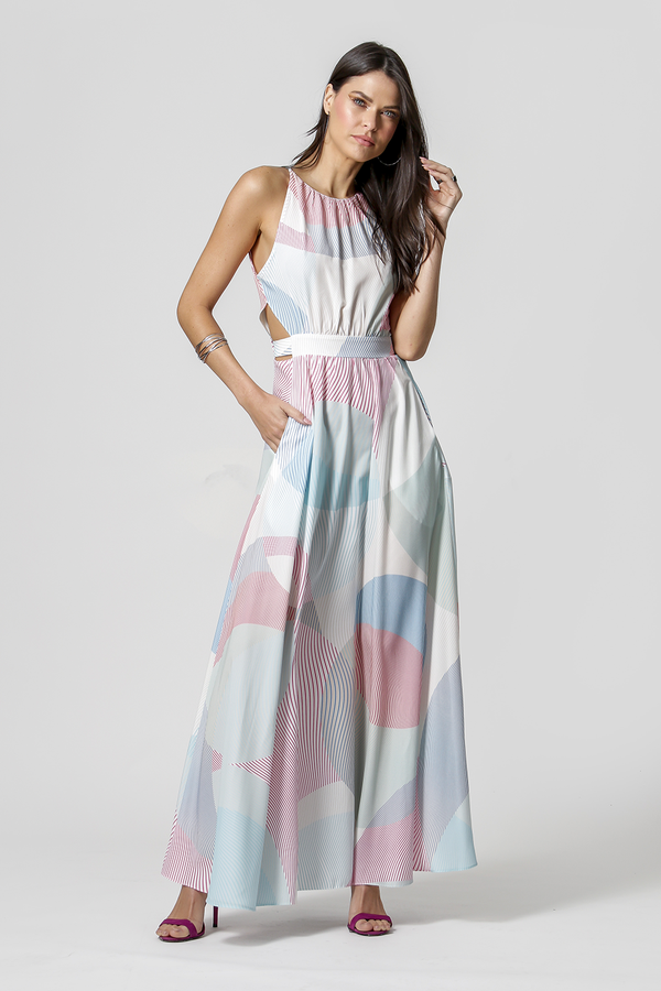 Vestido Longo Vazado Estampado