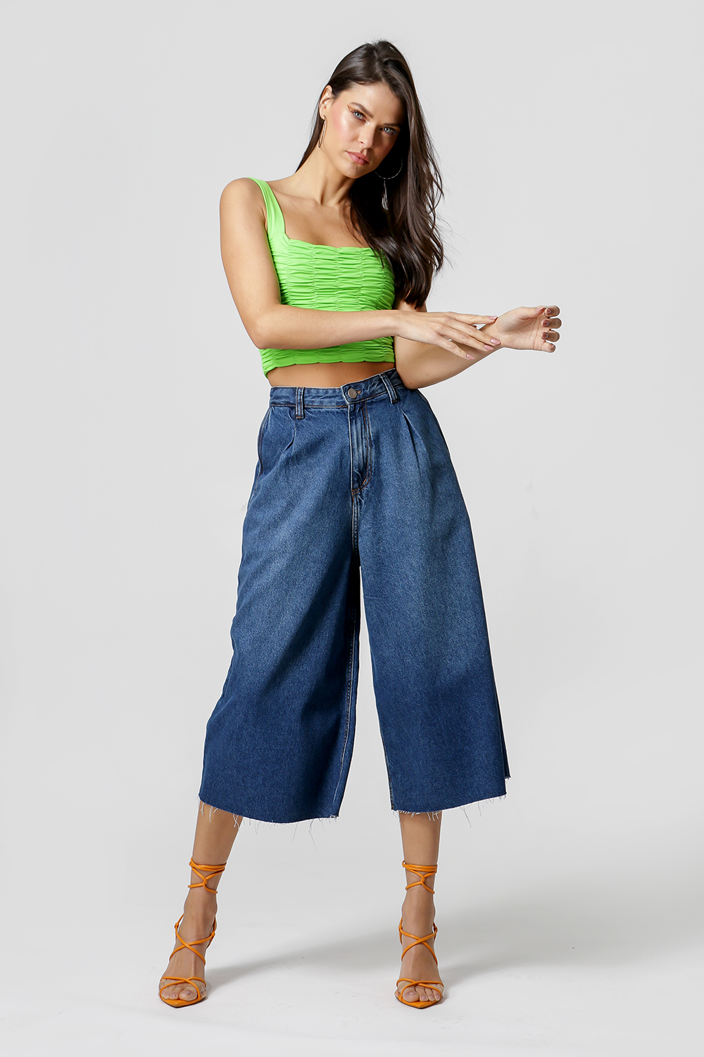 Blusa fruncida con tirantes - VERDE NEÓN