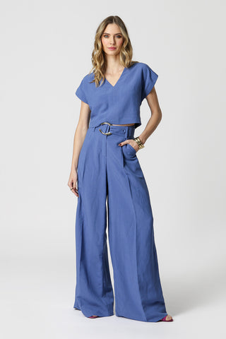 Blusa Cropped Linho Decote  V - JEANS