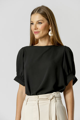 Blusa con mangas abullonadas y lastex - NEGRO